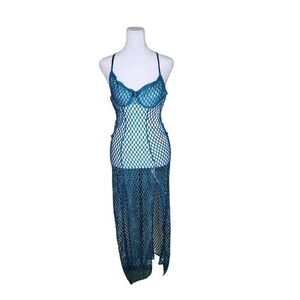 Vintage 90s Strappy Long Fishnet Sexy Stripper Dress Womens Size S Teal Blue